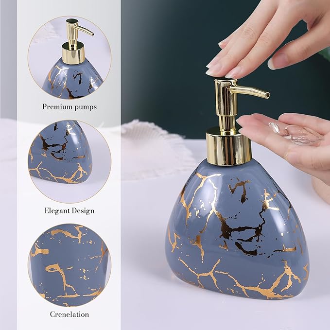 Gray Bathroom Accessories Set,Gold Marble Look Bathroom Decor,Modern 6 Piece Bathroom Accessory Set,Complete with Soap Dispenser,Toothbrush Holder,Tumbler,Tray Countertop