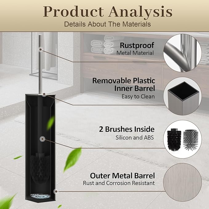 Toilet Brush and Holder Wall Mounted, Brushed Nickel Aluminum with 2 Replaceable Heads, Bathroom Toilet Brush, Drill or 3M Adhesive Mount for Bathroom
