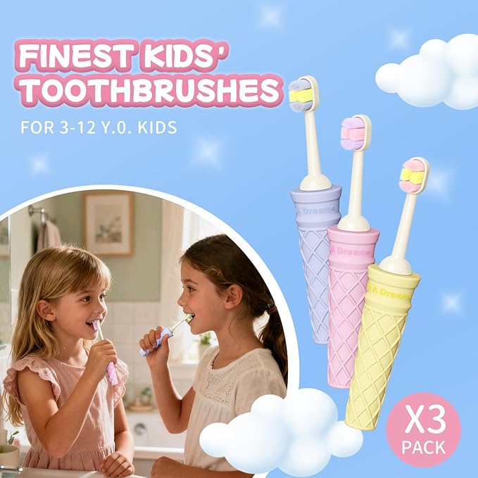 Kids Toothbrush with Wide Non-Slip Grip - 3 Pack Extra Soft Bristles, Multi-Colored & Fun for Beginner Cleaning, Ergonomic, BPA & Cruelty-Free (Age 3+)