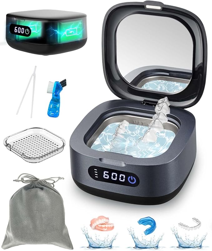 Voraiya 2025 Rechargeable Ultrasonic Retainer Cleaner, Portable Retainer Cleaner Machine, 52kHz Retainer Cleaner for Dentures, Night Guards, Mouth Guards, 166ml Dental Cleaning Pod with Mirror,3 Modes