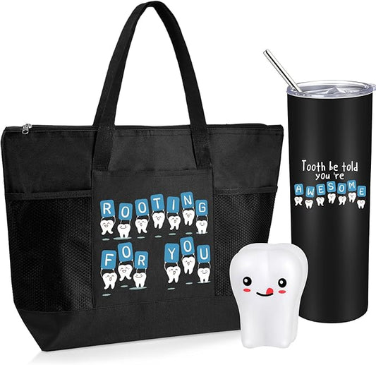 Nuogo 3 Pcs Positive Dental Hygienist Gifts Dentist Assistant Gift for Women Men Inspirational 20oz Tumbler Tote Bag Tooth Stress Toy for Dental Hygiene Month Employee Appreciation(Black,Teeth)