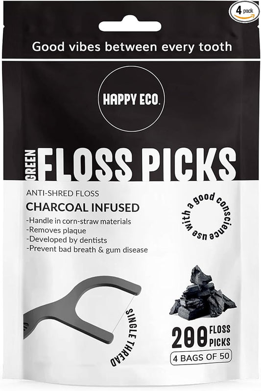 Dental Floss Picks (200pcs) - Flossers for Adults, Vegan Corn-Straw Handle, Superior Oral Care & Anti-Shred Thread, Dental Hygiene, Tooth Pick Sticks, Teeth & Gum Health (Charcoal, Single Thread)