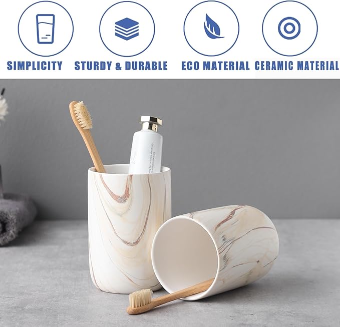 Brown Marble Toothbrush Holder - Ceramic Toothbrush Holder for Bathrooms, Toothbrush Toothpaste Holders, Marble Bathroom Tumbler Cups Reusable Toothbrush Mouthwash Cup, Bathroom Counter Organizer