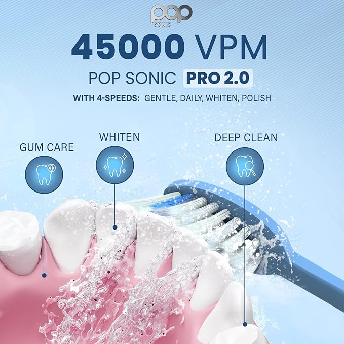 Pop Sonic Pro 2.0 Electric Toothbrush (Blue) Rechargeable Sonic Toothbrush with 45,000 Vibrations Per Minute & 4 Cleaning Modes for Adults & Kids with Long Lasting Dupont Nylon Bristles