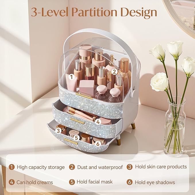 Bling Makeup Organizers, Cosmetic Display Case with Clear Cover, Vanity Makeup Organizers for Lipstick Perfume Lotion and Skincare, Silver Diamond