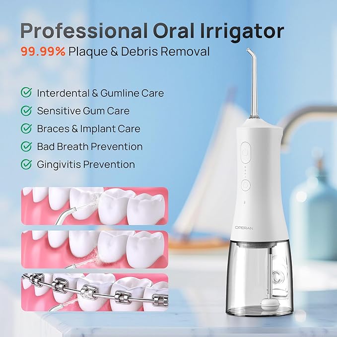 Operan Cordless Water Flossers for Teeth, 300ML Rechargeable Oral Irrigator with 4 Modes & 4 Nozzles, Portable Water Flossers for Adults, IPX7 Waterproof for Home and Travel, White，01Pack