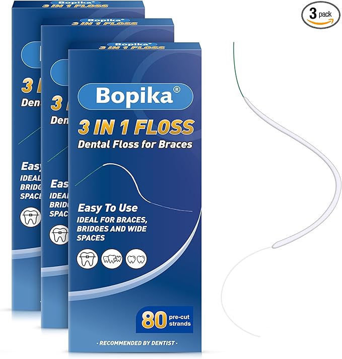 Bopika Dental Floss for Braces, 3 in 1 Ultimate Floss, Floss Threaders for Bridges and Implants, 80 Pre-Cut Strands (Pack of 3)