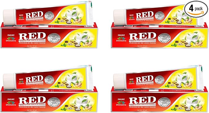 Jagat Herbal Red Toothpaste for Fresh Breathe, Doctor Recommended Natural Ayurvedic Toothpaste, Organic 100% Natural Teeth Whitening, Fluoride Free & Protects Gums, Vegan - Pack of 4