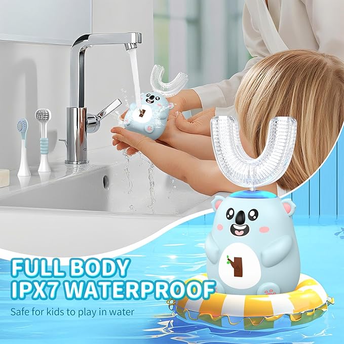 Kids U Shaped Electric Toothbrush, Automatic 360° Sonic Cleaning, 6 Modes, 4 Brush Heads, Cute Cartoon Koala Design (2-6 Age (Grey Blue))