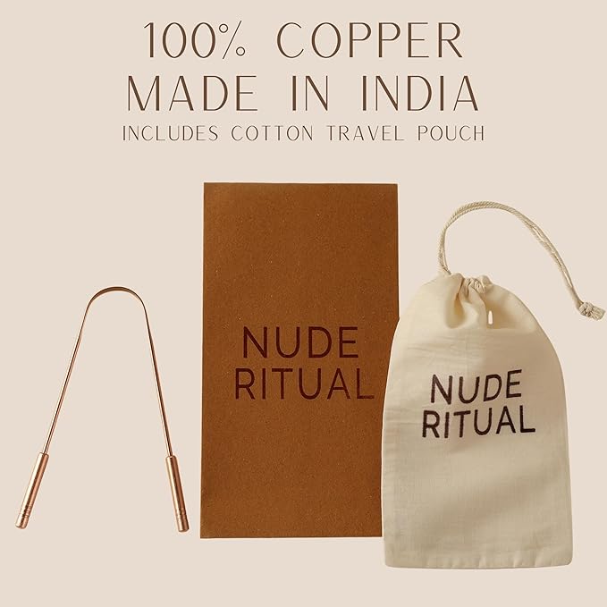 Copper Tongue Scraper for Adults – 100% Pure Copper Tongue Cleaner for Fresh Breath & Oral Hygiene – Ayurvedic Tongue Scraper with Travel Pouch – Handcrafted in India by Nude Ritual