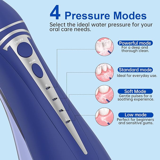 Water Dental Flosser Pick for Teeth: Cordless Rechargeable Oral Irrigator - 4 Modes IPX7 Waterproof 300ML Removable Tank Electric Dental Flossing Machine for Braces, Travel & Home Use (Dark Blue)