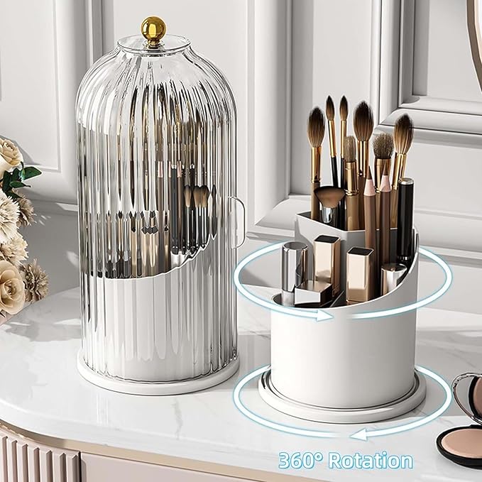 Sliding Lid Toothbrush Organizer, Toothbrush Holders with Sliding Lid, 360° Rotating Dustproof Concealed Toothbrush Holder, 3-Slot Varying Heights, Ideal for Bathroom, Makeup & Travel (Green)