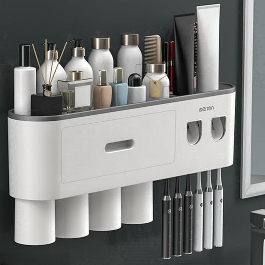No-Drill Wall Mounted Toothbrush Holder, Bathroom Shelf, with Automatic Toothpaste Dispensers 6 Brush Hooks Magnetic Cups 1 Cosmetic Drawer Organizer and Large Storage (2 Dispensers 4 Cups)