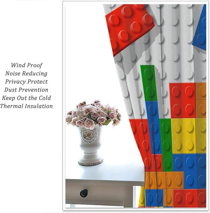 Building Blocks Toy Curtain Rod Pocket Children's Nursery Abstract Outline Colorful Plastic Toy Brick Geometric Print Pattern Curtain Boys Girls Bedroom Playroom 2 Panels 55x63in