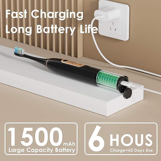 Hooyapik 38000 VPM Sonic Electric Toothbrush Set with 6 Brush Heads-2 Minute Timer-4 Cleaning Settings，IPX7 Waterproof,Lightweight and USB Rechargeable Toothbrush for Oral Care (Black)