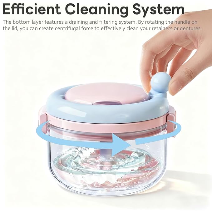 Retainer Case and Mouth Guard Case - Portable Orthodontic Storage Container with Filter and Tools, Denture Cleaning Box, No Leaks Denture Bath Box (Powder Blue)