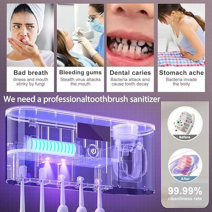 Toothbrush Holders for Bathrooms, Toothbrush Holder Wall Mounted with Toothpaste Dispenser Bathroom Solar Charging and No Drilling Required Tooth Brush Holder with 5 Brush Slots（Black）