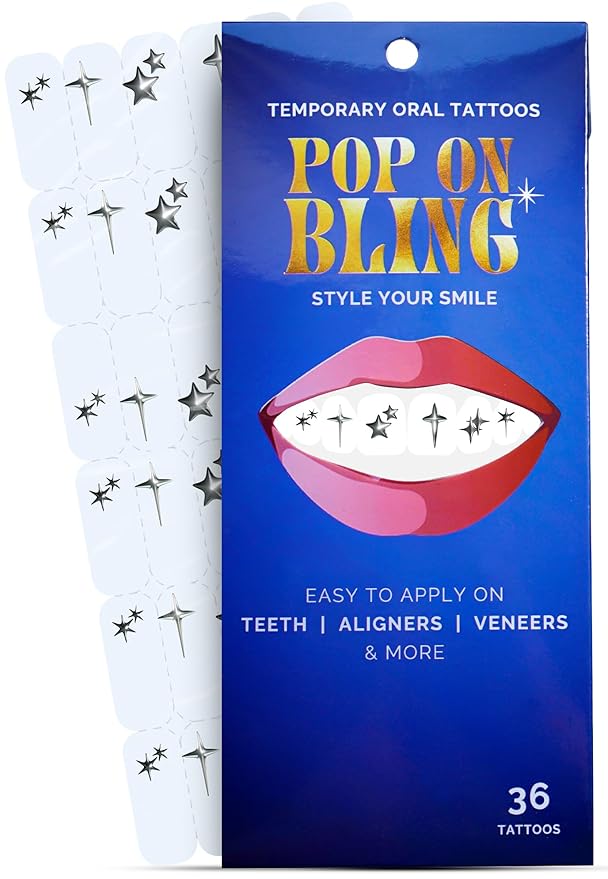 Halloween Tooth Bling Tattoo – Temporary Tooth Gem Kit for Teeth – Safe for Teens & Adults, Removable Fun Fake Tooth Tattoo Stickers for Halloween Costume, Party & Cosplay (Silver Sparkles)