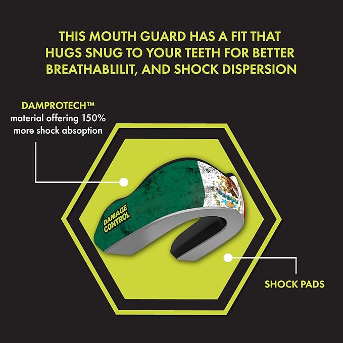 DAMAGE CONTROL Extreme Impact Mouth Guard – Sports Mouthguard for Boxing, MMA, BJJ, Hockey, Rugby, Lacrosse, & More – Mouthpiece for Teeth & Jaw Protection, for Youth & Adults (Mexican Flag EI)
