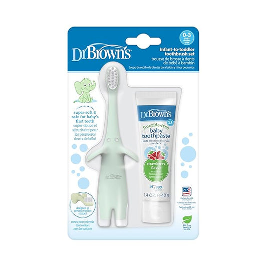 Dr. Brown’s Infant-to-Toddler Training Toothbrush Set, Mint Elephant with Fluoride-Free Strawberry Baby Toothpaste, 0-3 years