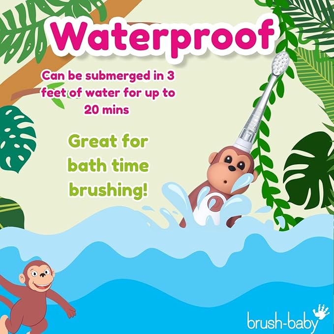 brush-baby WildOnes™ Rechargeable Kids Electric Toothbrush – Monkey | Flashing Lights, 2-Min Timer, Waterproof, 3 Brush Heads | Toddler & Child Toothbrush Ages 0-10 | Soft Bristles
