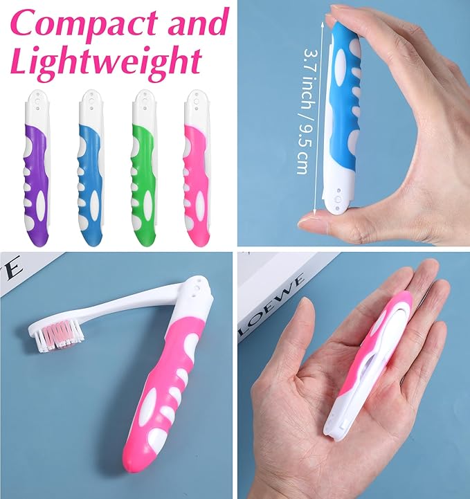 4 Pcs Travel Toothbrushes, Foldable Toothbrush for Adults & Kids, Compact Folding Design with Soft Bristles, Portable for Camping, Hiking & On-The-Go (4 Colors)