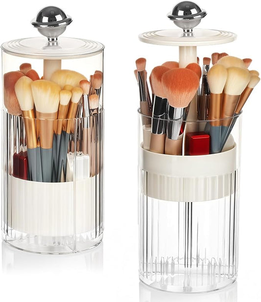 2 Pack Makeup Brush Holder with Lid Automatic Lifting Makeup Brush Organizer with Lid Dustproof & Waterproof 4-Compartment Clear Makeup Organizer for Vanity,Office,School,Dorm Room,Silver+Silver
