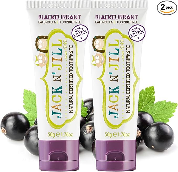 Jack N' Jill Natural Toddler Toothpaste - Fluoride Free Training Toothpaste for Toddlers 1-3, 40% Xylitol, BPA Free - Blackcurrant, 1.76 oz (2 Pack)