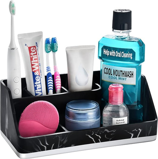 VITVITI Toothbrush Holders for Bathrooms, Bathroom Counter Organizer for Vanity Countertop/Sink, 5 Slots Tooth Brush/Toothpaste Holder Storage, Marble Look Bathroom Accessories, Black Resin