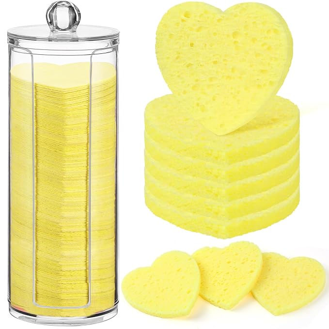 Sieral 120 Pcs Compressed Facial Sponges with Container Disposable Face Sponge Pads for Washing Face Cleansing Exfoliating Esthetician Makeup Removal(Heart,Lemon Yellow)