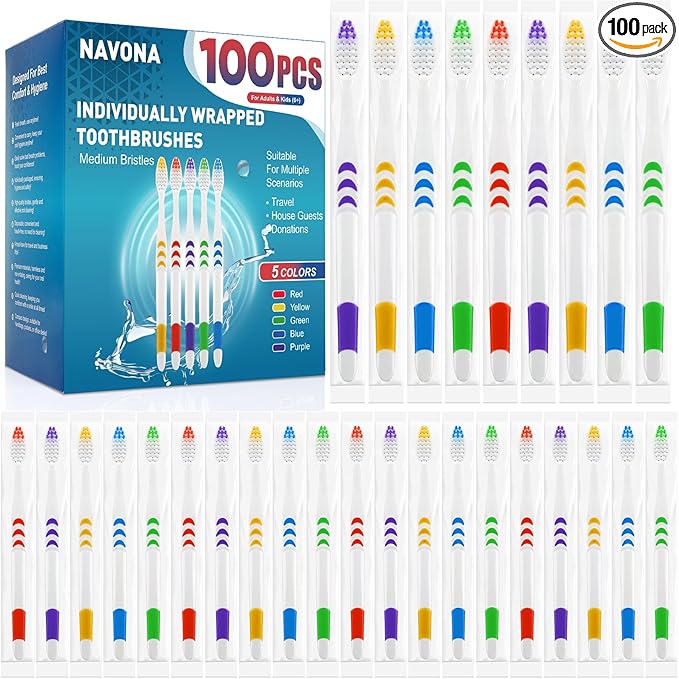 Navona 100 PCS Premium Toothbrushes Bulk, Individually Wrapped Toothbrushes, Disposable Toothbrush, Medium Soft Bristle Bulk Toothbrushe for Travel Hotel Donation, Ergonomics Handle