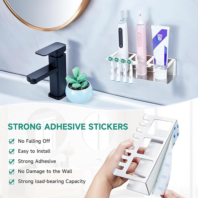 Electric Toothbrush Head Holders, Electric Toothbrush Holders Wall Mounted, Shower Electric Head Holder, Toothbrush and Toothpaste Holder, Tooth Brushing Holder for Bathroom (Silver, Large)