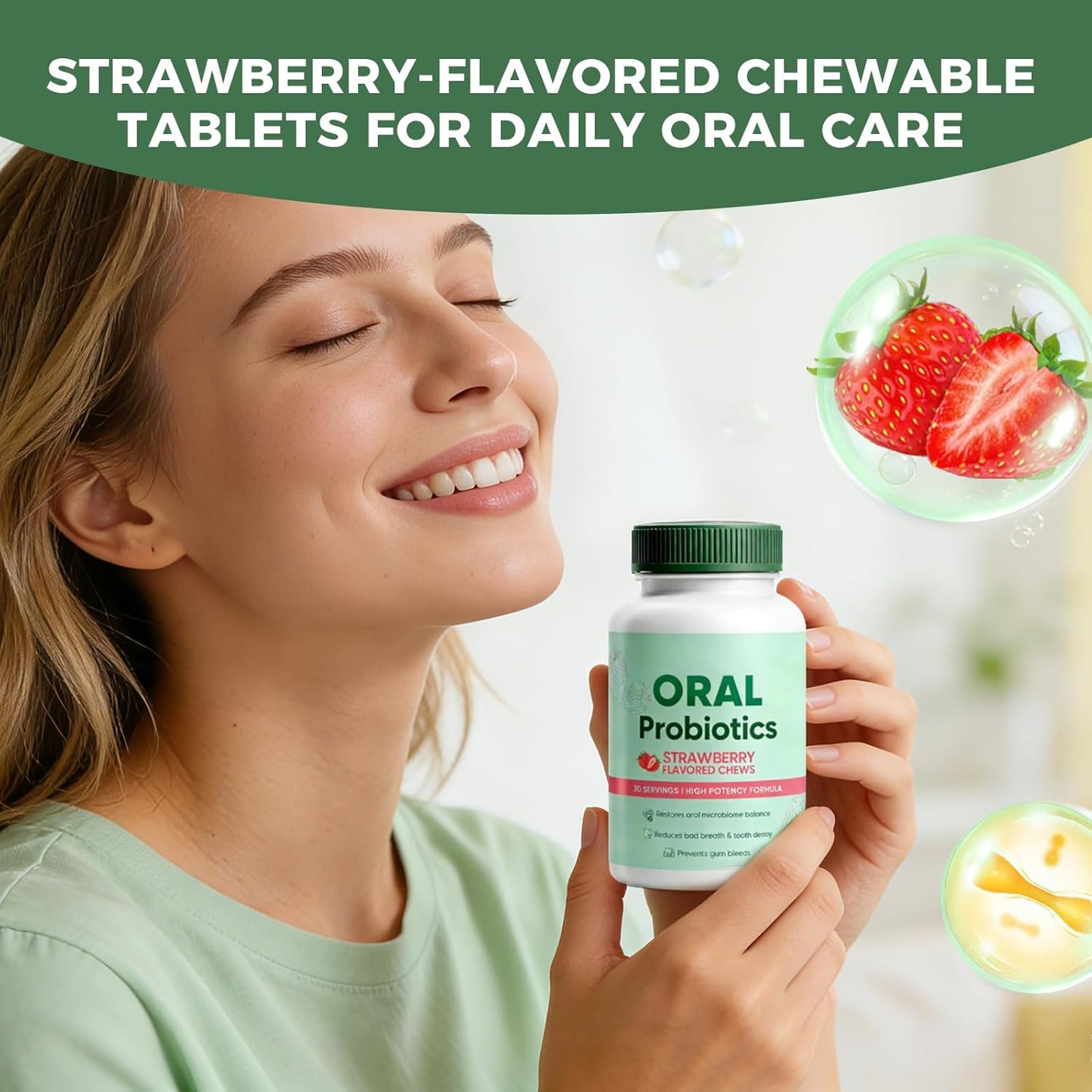 Oracare Oral Defence – Strawberry Chewable Probiotic Supplement for Microbiome Balance, Fresh Breath, Gum Health & Daily Hygiene Support, 30 Servings