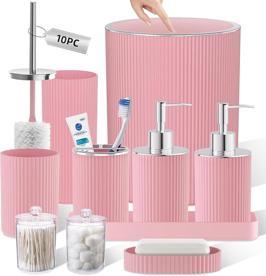 Light Pink Bathroom Accessories Set, 10PC Bathroom Set, Bath Accessory with Pop Up Trash Can, Soap Dispenser, Toilet Brush, Toothbrush Set Qtip Holders & Tray
