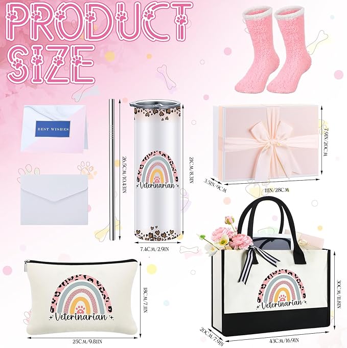 Geiserailie 8 Pcs Vet Tech Gifts for Women Including Large Veterinarian Tote Bag Cosmetic Bags Tumbler Cup Plush Socks Metal Keychain Card and Envelope for Veterinary Graduate Thank You Gift