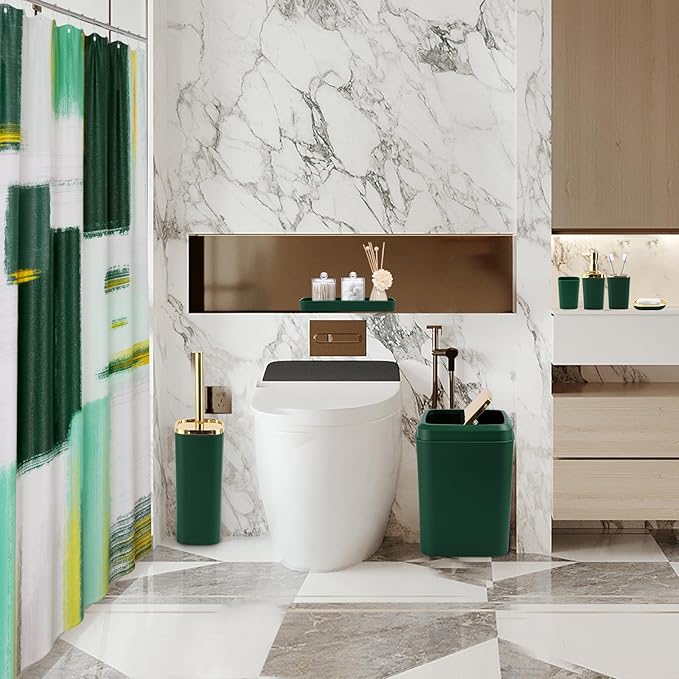 Green and Gold Bathroom Accessories Set, Bathroom Sets with Shower Curtain, Green Bathroom Accessories with Trash Can, Soap Dispenser, Soap Dish, Toilet Brush Holder, Qtip Holders