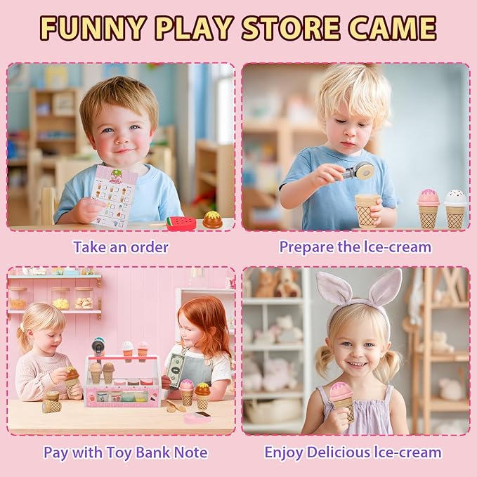 Wooden Ice Cream Toys for Kids Ice Cream Counter Shop for Toddlers Pretend Play Food Scoop and Serve with Scoop & Menu & Fake Money for Boys and Girls Ages 3 4 5 6 (Pink)