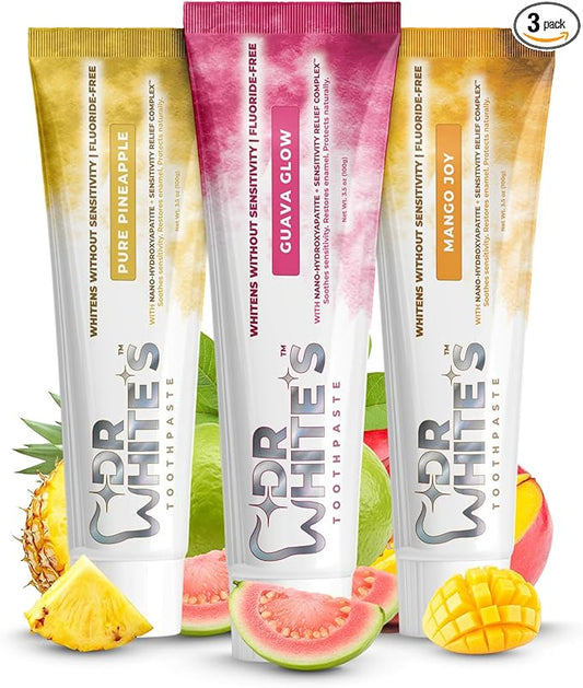 Dr. White’s Signature Flavor Trio — Glow Getters | Fluoride-Free Nano-Hydroxyapatite Toothpaste Set, 3 × 3.5 oz | Mint-Free | Dentist-Formulated | Enamel-Identical Mineral Care