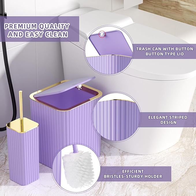 Bathroom Accessories Set - Gorgeous Bathroom Set, 10PC Purple Bathroom Accessory Set, Toilet Brush, Trash Can & Soap Dispenser