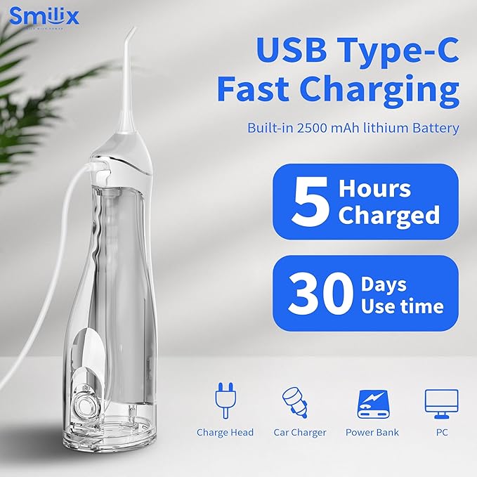 Smilix Water Flosser, 4-Mode Cordless Oral Irrigator – 300ML, USB-C, Waterproof (IPX7), 5 Jet Tips, Travel Case – Powerful Deep Cleaning for Teeth & Gums