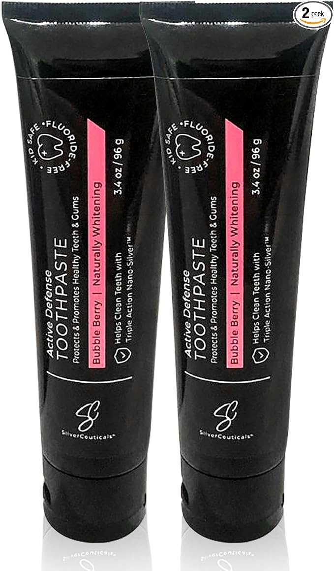 Colloidal Silver Toothpaste - Bubble Berry - Remineralize Tooth Enamel - SLS & Fluoride Free Cavity Protection - Gum Health - Bad Breathe - Gingivitis - Coral Calcium & Xylitol - 3.4oz - Pack of 2