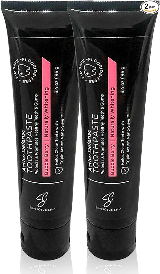 Colloidal Silver Toothpaste - Bubble Berry - Remineralize Tooth Enamel - SLS & Fluoride Free Cavity Protection - Gum Health - Bad Breathe - Gingivitis - Coral Calcium & Xylitol - 3.4oz - Pack of 2