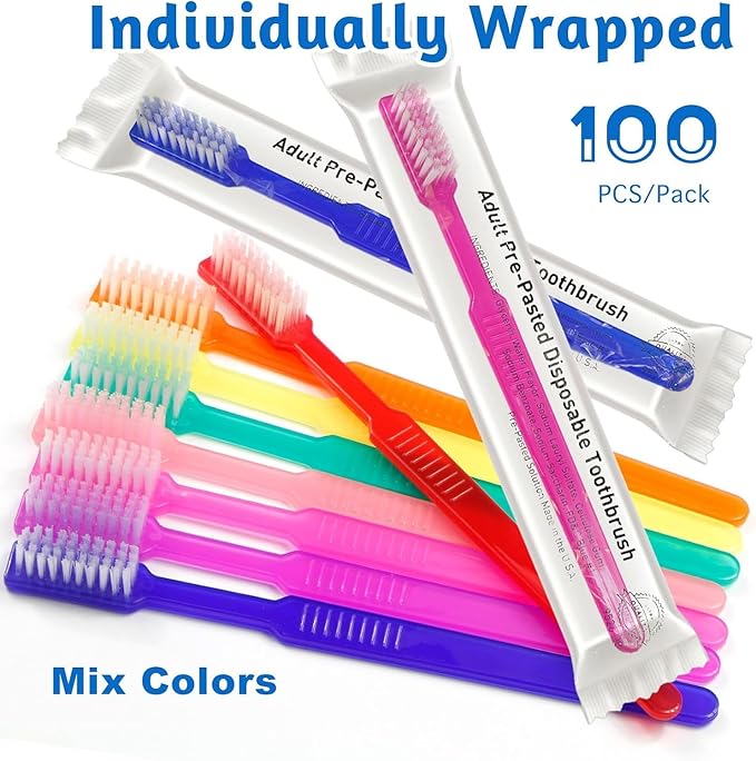 VASTMED 100 Pcs Disposable Pre-Pasted Toothbrushes Individually Wrapped Pre Pasted Toothbrush | Single Use Waterless Tooth Brush for Hotel, Camping, Homeless Gift | Multi Color