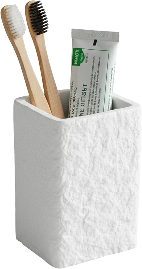 White Stone-Look Toothbrush Holder for Bathroom, Natural Rough Stone Textured, Unbreakable Heavy Bathroom Cup, Vanity Countertop Organizer for Makeup Brushes