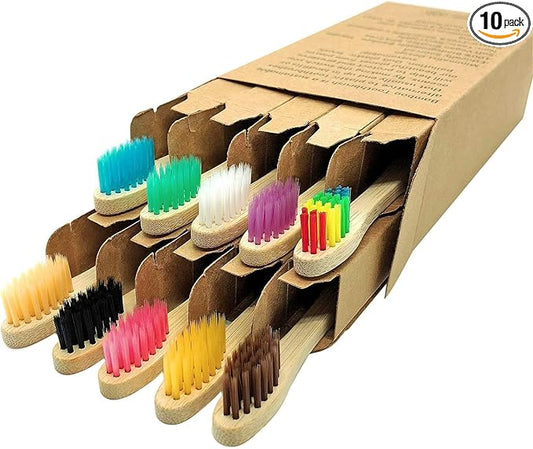 Bamboo Toothbrush with Soft Charcoal Bristles 10 Pack, Natural Wood Toothbrushes Round Handle with Colored Standing Bottom Recyclable, Eco-Friendly, Tooth Brush Set Multipack (Multicolor - Kids)