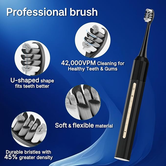 Lumivoid Sonic Electric Toothbrush with 10 Brush Heads for Adults and Children, Up to 30 Days on a Single Charge, 5 Modes, Built-in 2-Minute Smart Timer, IPX8 Waterproof Electric Toothbrush (Black)