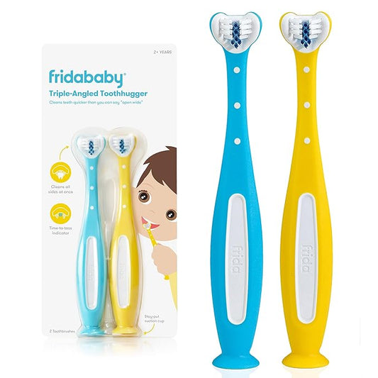 Frida Baby Triple-Angle Toothhugger Training Toddler Toothbrush | Toddler Toothbrush 2 Years and Up, Cleans All Sides at Once | 2 Pack (Yellow + Blue)