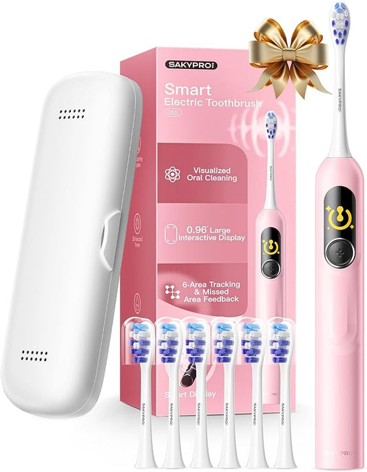 SAKYPRORAL Electric Toothbrush with AI Smart Screen for Adults Kids Teens | 6 Brush Heads | 150-Day Battery, Real-Time Brushing Map | 5 Whitening Modes, Travel Case | Sonic Toothbrush (Pink)