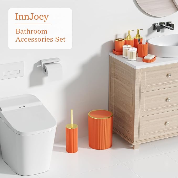 Orange Bathroom Accessories Set, 10PC Bathroom Set, Bath Accessory with Pop Up Trash Can, Soap Dispenser, Toilet Brush, Toothbrush Set Qtip Holders & Tray
