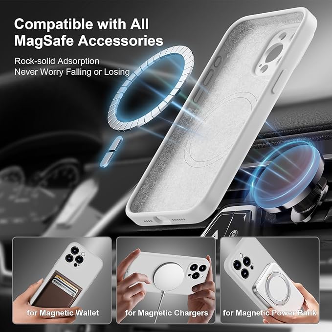 Magnetic for iPhone 15 Pro Case, Compatible with MagSafe, with 9H Nano Screen Protectors, Full Camera Protection, Silicone Shockproof Microfiber Lining Phone Case 6.1", White